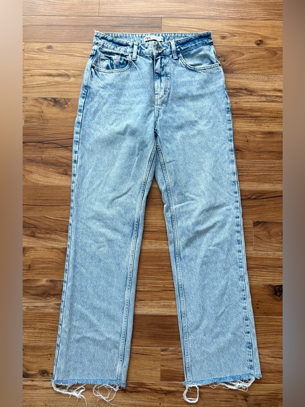 Zara Light Wash High Rise Raw Hem Straight Leg Jeans Size 4